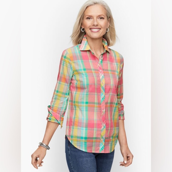 NEW Talbots 100% Cotton Button-Front Shirt – Pastel Easter Plaid – Women’s S - Picture 1 of 8